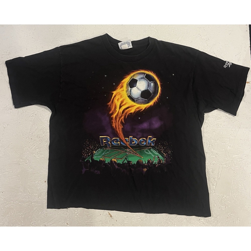 Vintage Reebok Soccer Shirt Fire Stadium Mens XL Black Graphic Print Space FLAW